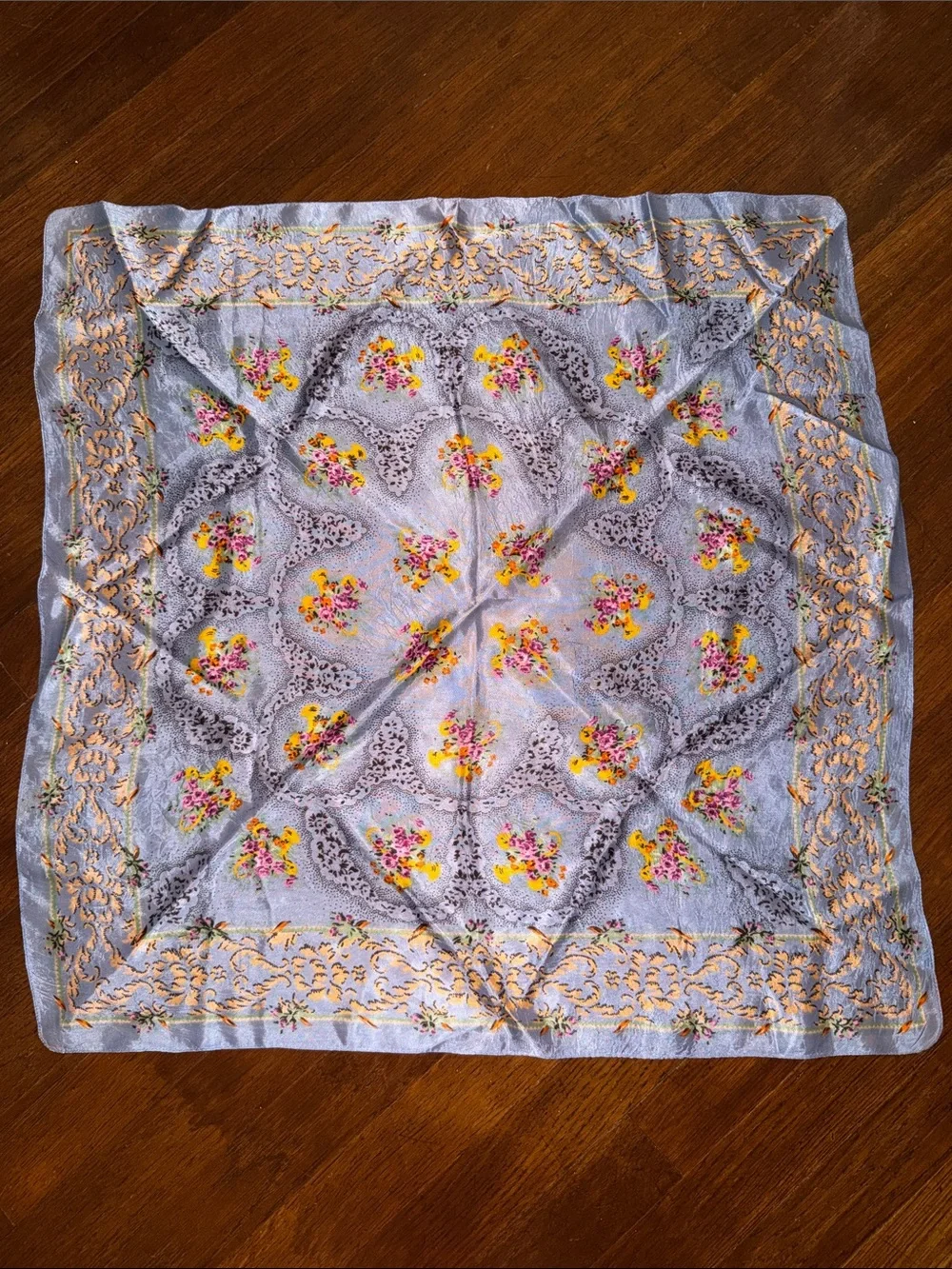 Vintage Women’s Light Blue Floral Silk Scarf with Yellow Accents